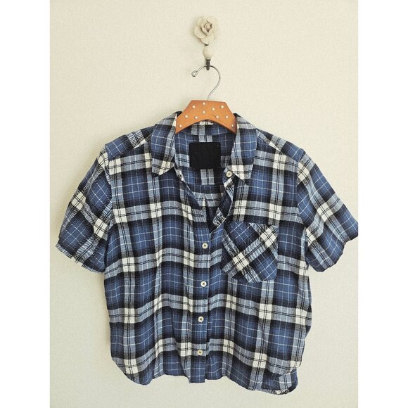 Forever 21 Blue White Plaid Cropped Button Down Shirt Short Sleeve Casual - Picture 3 of 12